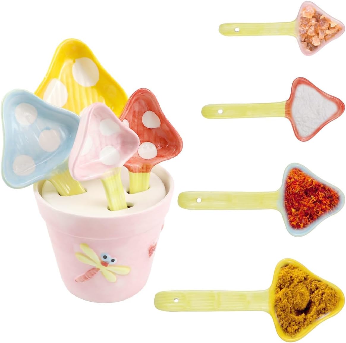 DOERDO Mushroom Measuring Spoons Set Ceramic Measuring Cups Measuring Spoons Set in Pot for Baking, Salt, Sugar