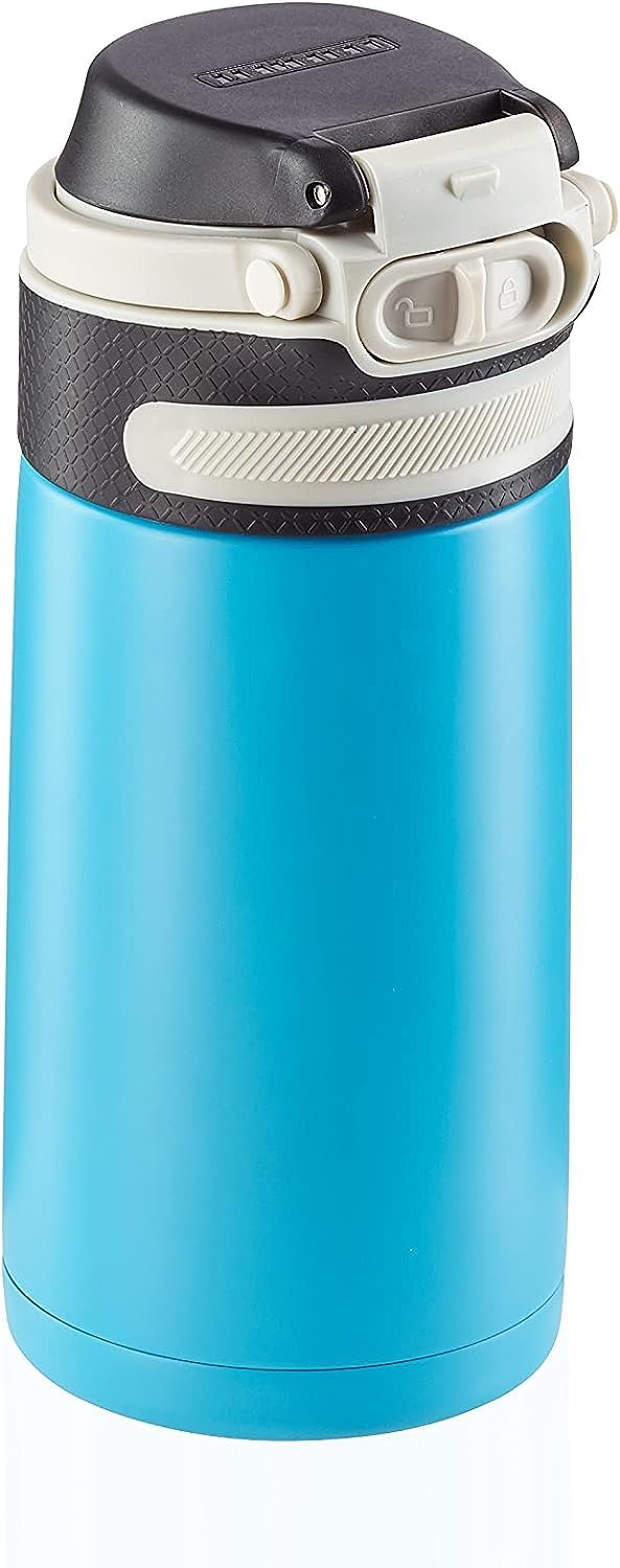 Leifheit Thermobecher Flip 350ml, Kaffeebecher 100% dicht, praktisches Öffnen mit Einer Hand, Trinkbecher to go mit Filter für Wasser mit Obststücken, hält Getränke bis zu 6 Stunden heiß, Light Blue
