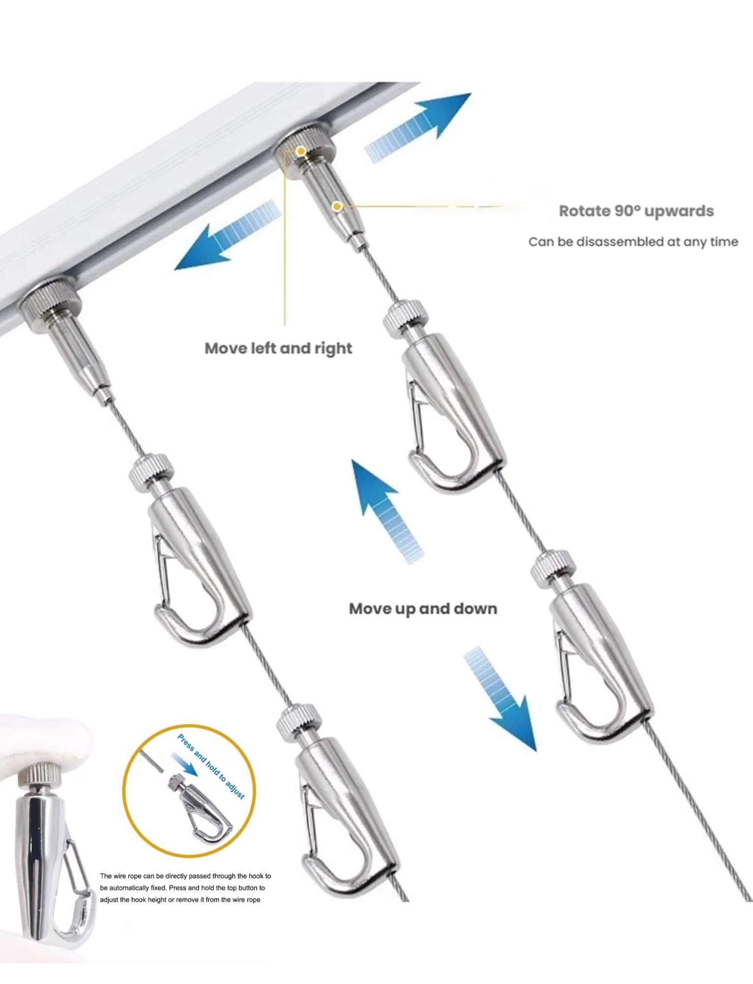 Rail d'accrochage pour tableaux, Kit de suspension for cimaise, câbles en acier, crochets réglables 50-200cm(115cm/45.28in)