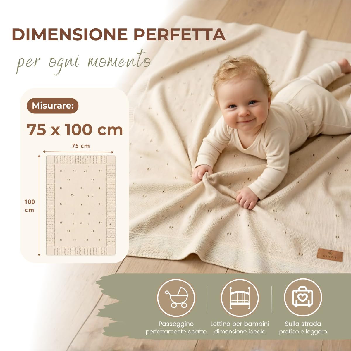 DIKOS Coperta per neonati GOTS in cotone biologico Ajour lavorata a maglia Coperta per neonati per neonato Ragazza Ragazzo Coperta in maglia in maglia Coperta per Battesimo