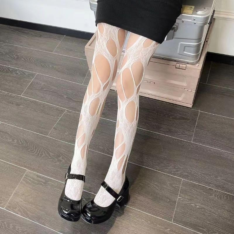 Image of Ripped Fishnet Stockings Tights Gothic Irregular Hole Hollow Out Mesh Lace Pantyhose Women Cosplay Party Accessories