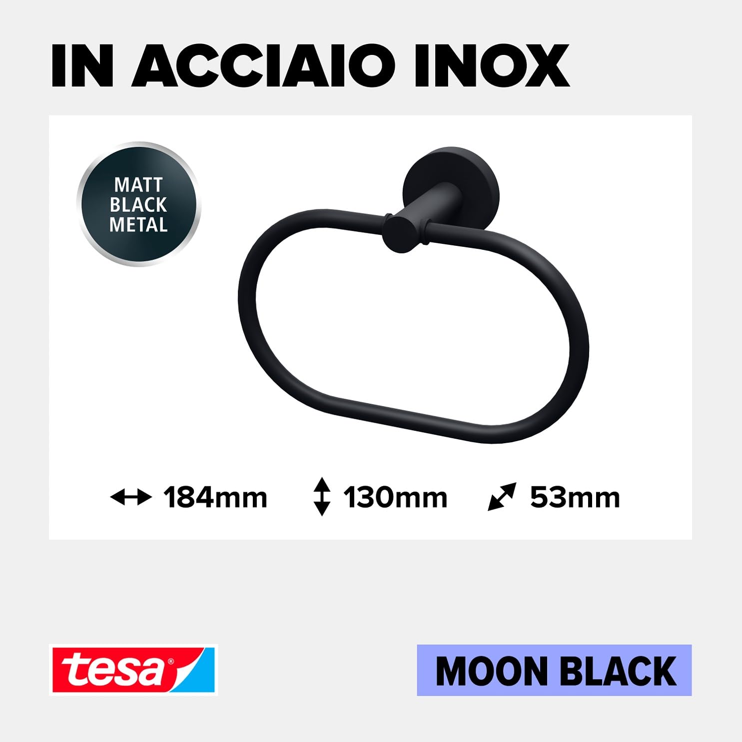 Tesa Porta asciugamani ad anello MOON BLACK, look Nero opaco, autoadesivo, tecnologia di montaggio adesiva, 53 mm x 184 mm x 130 mm