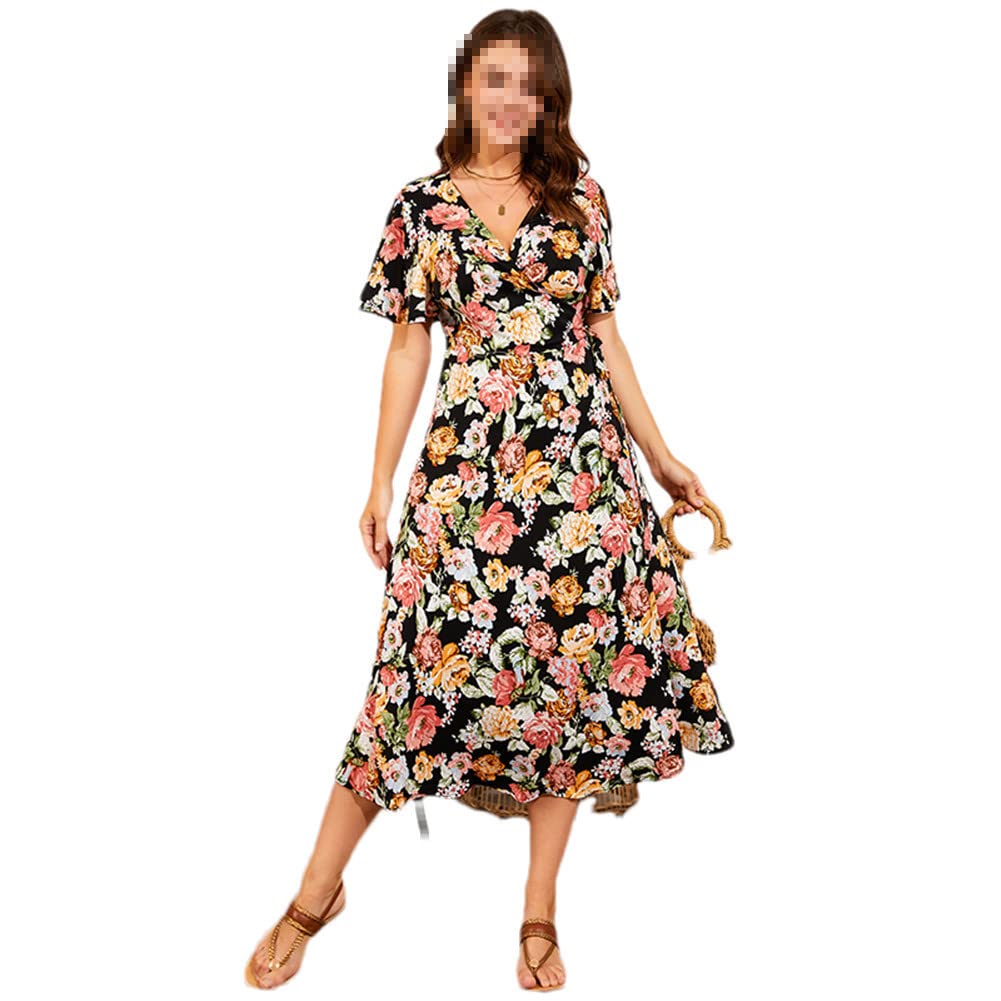 Vsadsau Vestido largo de gasa de verano para mujer, manga corta, cuello en V, talla grande, estampado floral, vestido midi casual