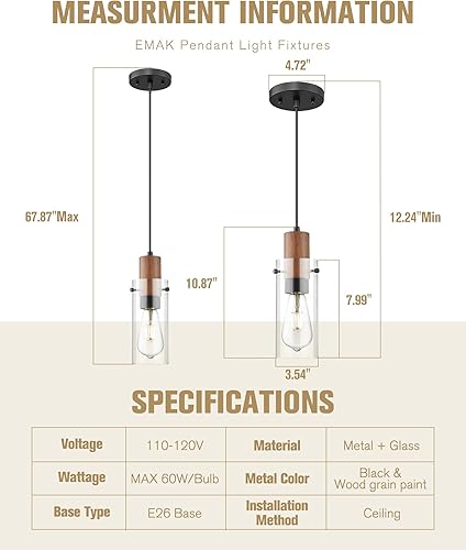 Miniatura 5 de Emak Paquete de 2 mini lámparas colgantes negras, modernas luces colgantes de granja con pantalla de vidrio transparente, 1 luz colgante para