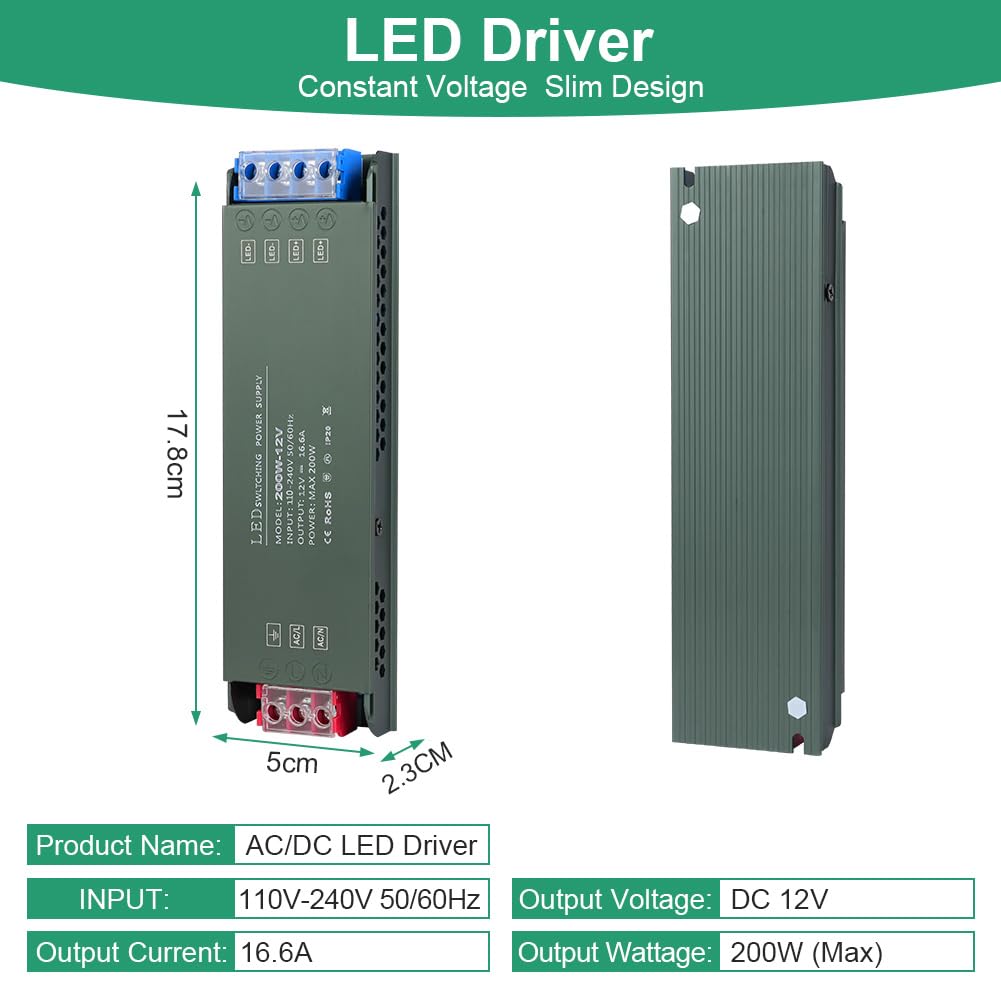 URAQT Trasformatore LED da 220V a 12V, Alimentatore LED 12V 200W, Ultra Sottile Trasformatore LED Driver, Nessun Rumore Driver LED di Tensione Costante, per Bassa Tensione Striscia LED, Lampade LED