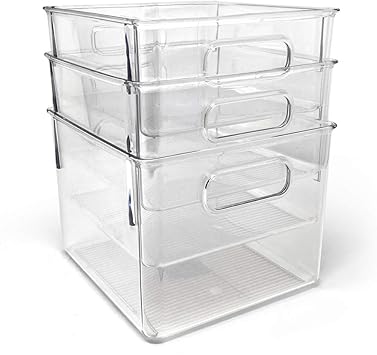 Isaac Jacobs 3-Pack Medium Clear Storage Bins with Handles, Plastic Organizer for Home or Fridge/Freezer, Pantry and Kitchen Non-Slip Container Set, BPA Free, Food Safe 3-Pack, Medium