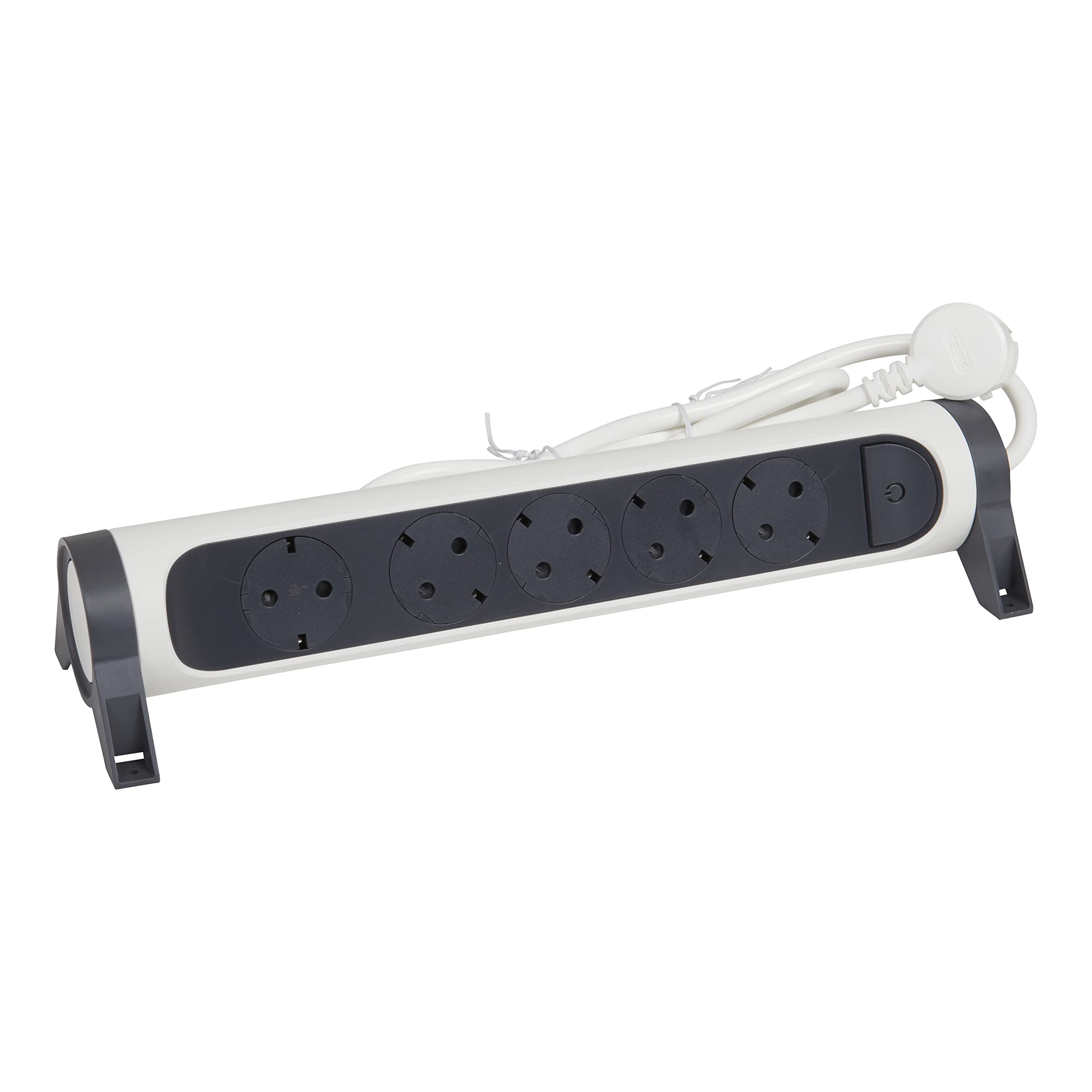 LEGRAND, Drehbare Steckdosenleiste, 5-fach Steckdose, Mehrfachsteckdose, Wand- oder Tischmontage, LED-Ein/Aus-Schalter, 5m Kabel, Ultraweiß/Dunkelgrau, 694542