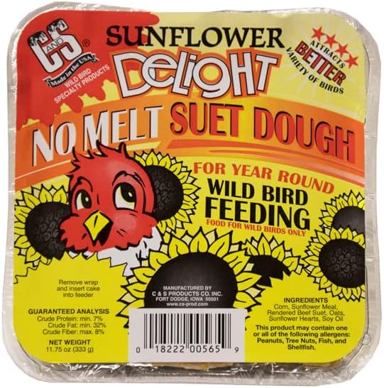 C&S Sunflower Delight No Melt Suet Dough – 12 Pack of 11.75 oz Suet Cakes – Year-Round Wild Bird Food with Sunflower Meal, Hearts, Corn & Beef Fat – Mess-Free, High-Energy Nutrition for Birds