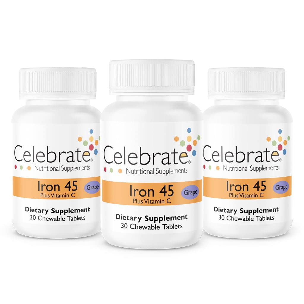 Celebrate Vitamins Iron Supplement with Vitamin C - 45mg Iron, 60mg Vitamin C, Bariatric Vitamins for WLS Patients, Vertical Sleeve & Gastric Bypass Surgery - Grape, 90 Chewable Tablets