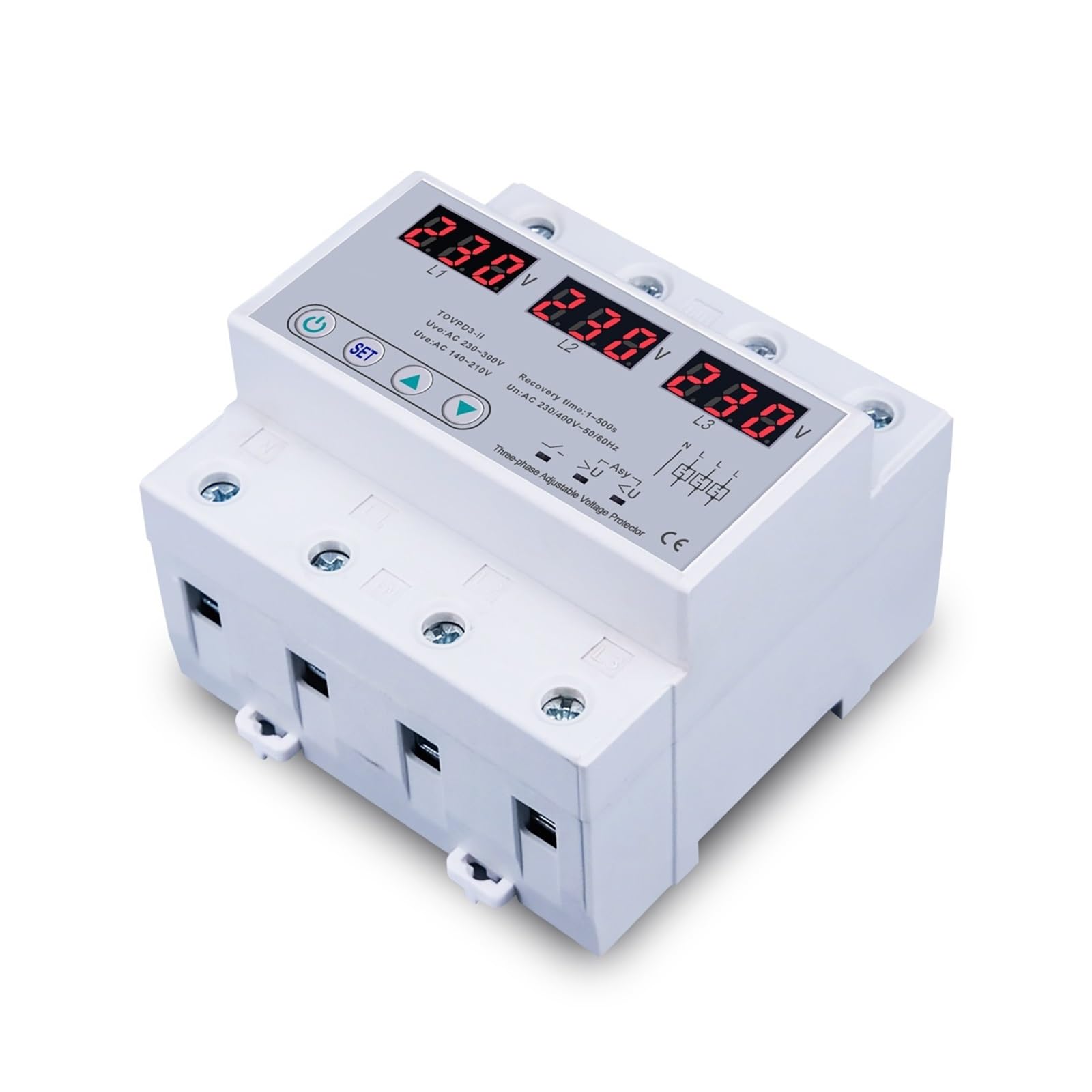 RWRAPS Protector de Voltaje Voltímetro trifásico Ajustable Protector de sobrevoltaje y bajo Voltaje Dispositivo de protección de recuperación automática trifásico reinicio 63A 380V