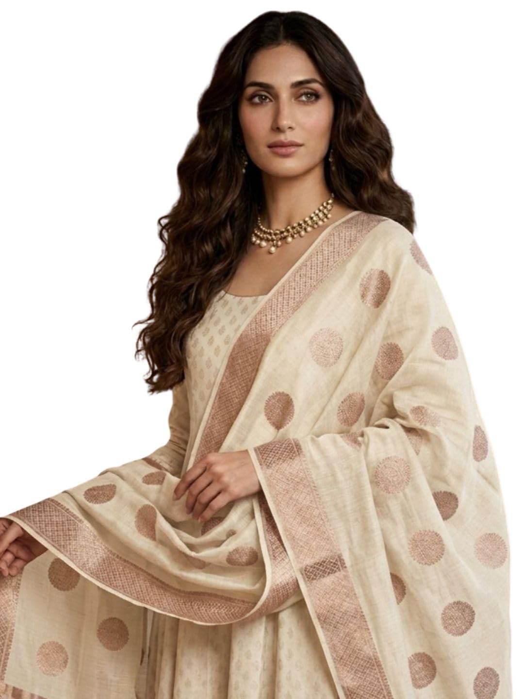 dupatta bazaar Women's Woven Ethnic Motif Banarasi Cotton Blend Dupatta | Floral Woven Design Tasselled Border Ethnic Wear Dupatta for Traditional Festive Wedding (2.4 Meter, Cream Copper)-picture-15