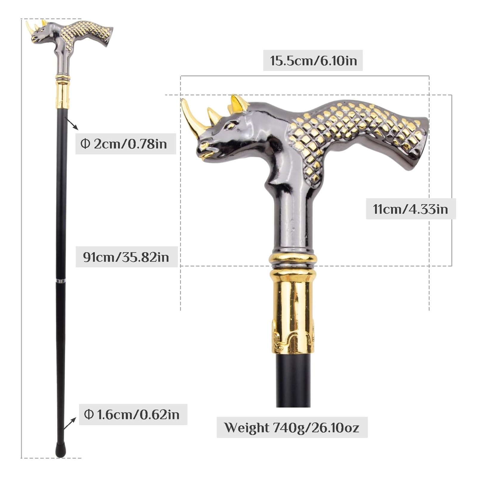 Bastón con Empuñadura en Forma de Cabeza de Toro, Color Negro y Dorado, Bastón de Lujo para Hombres y Mujeres, Resistente Capacidad de Carga De 227 Kg Mango Ergonómico de 91 Cm