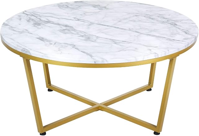 COSTWAY Round Coffee Table, Faux Marble/Rustic Wooden Cocktail Table Snack Tea Table, Metal Frame Accent Sofa Side End Table for Living Room, Bedroom and Office (Modern Round Large)