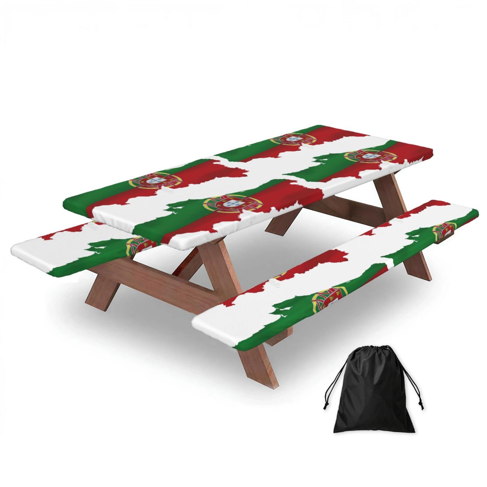 Zyjhyy Black Portuguese Flag Map Print Party Table Covers With Bench Covers Set Of 3 Picnic Table Cloth Wipe Clean For Garden Camping