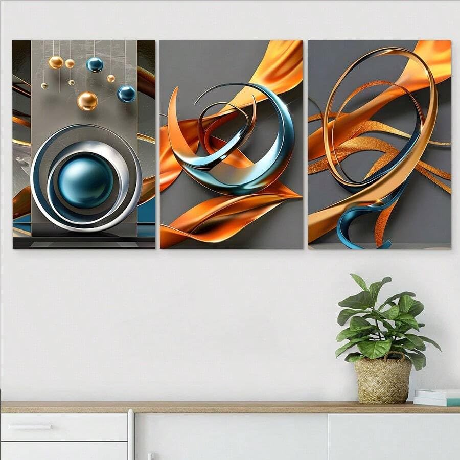 Tableau sur toile géométrique 3 pièces orange bleu 60x80cm minimaliste sans cadre pour salon