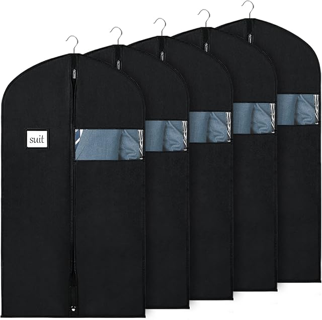 Syeeiex Clothes Cover Suit Covers with Transparent Window [5 pcs] Non-Woven Suit Bags Protector Garment Bags Jacket Covers for Wardrobe and Travel, 60 x 100cm (24" x 40") Black