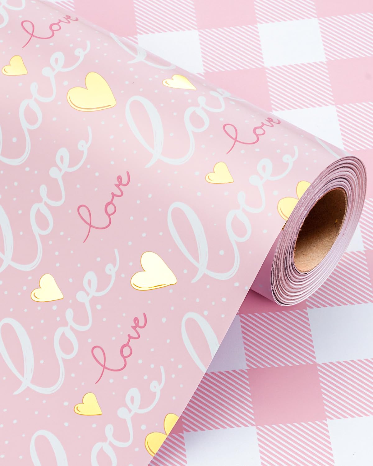 Wikadlik Pink Wrapping Paper Roll - 43cm x 10m Love Lettering Gold Heart Cute Plaid Pattern Gift Wrap for Valentines Day, Wedding, Birthday, Mothers Day