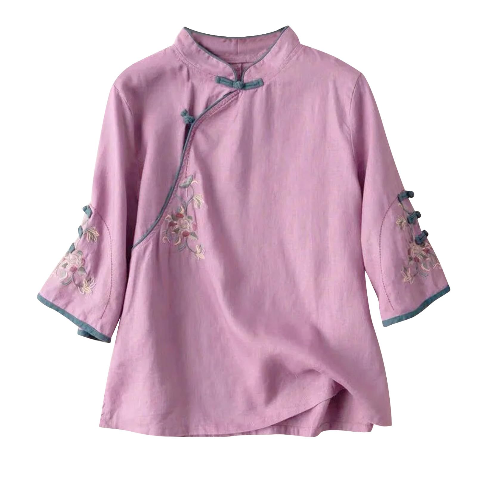 Plus Size Linen Tops Summer 3/4 Sleeve Chinese Frog Blouses Traditional Mandarin Embroidered Jacquard Shirts