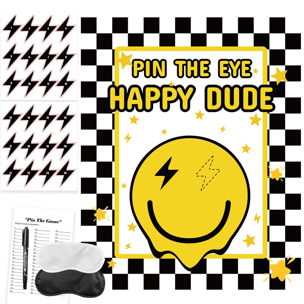 ONE Happy Dude Party Games Pin The Eye on The Dude Kid Game for Smiley Face One Cool Dude 1st Birthday Party Decorations Favors Supplies 24 Sticker