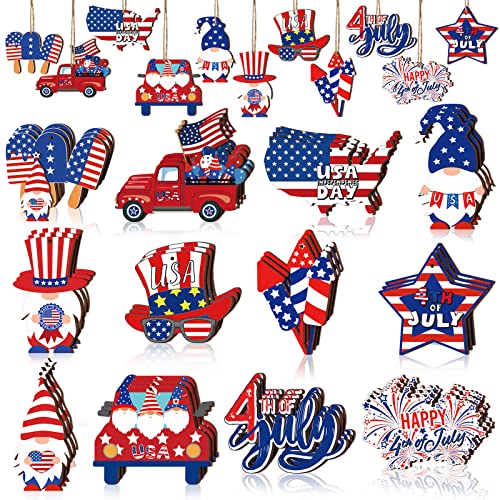 Roowest 36 Pieces 4th of July Ornaments for Tree Patriotic Wooden Gnome Hanging Decoration Red White...