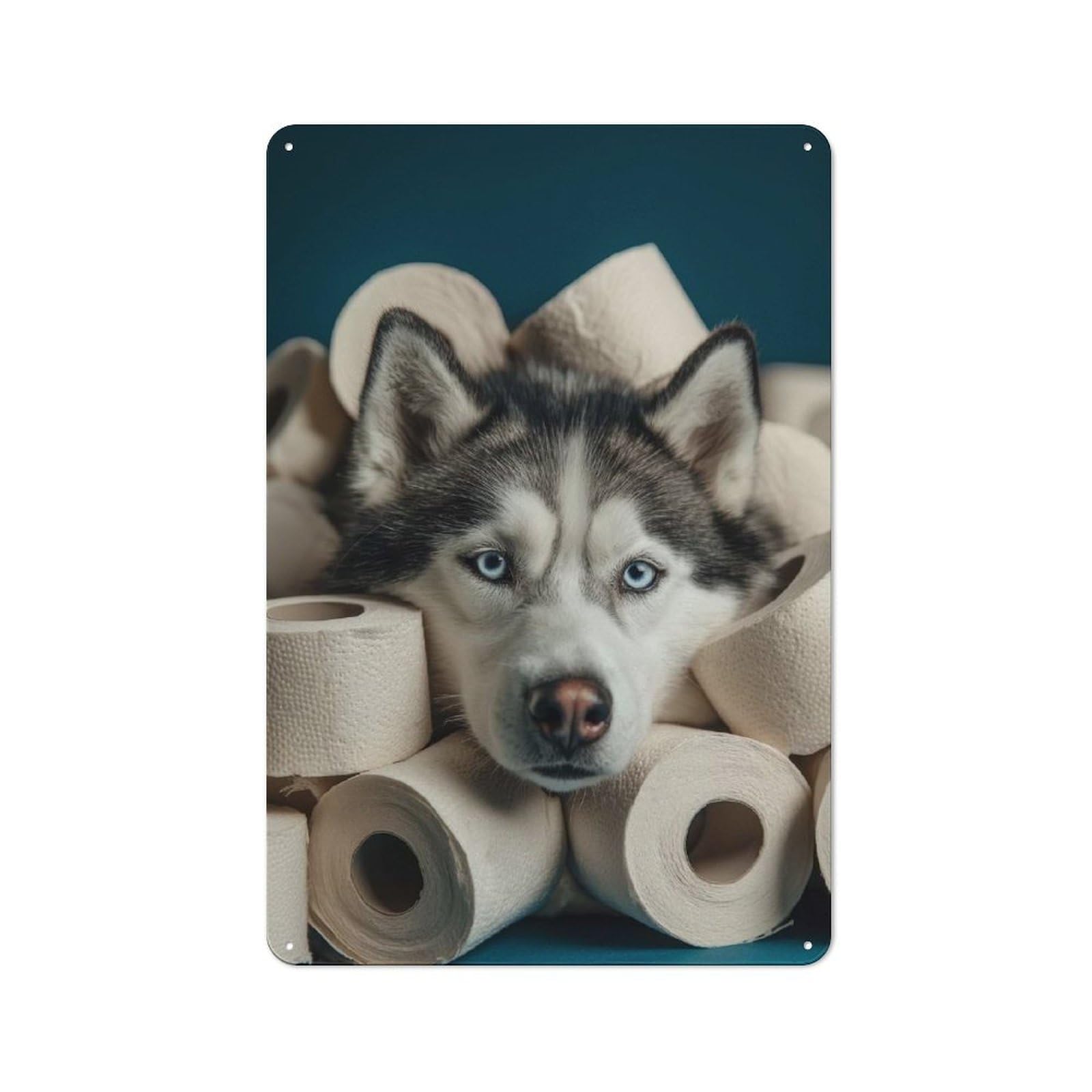 Husky Dog Surrounded by Toilet Paper Toilet Paper Trouble Metal Wall Sign 30x20cm, Vintage Home Bar Decor for Pub, Home Bar, Shed Or Man Cave