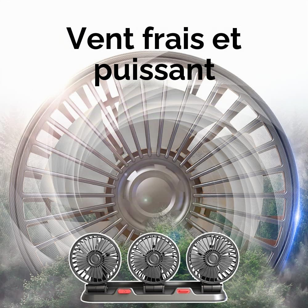 Circulateur d'air de refroidissement électrique à trois têtes Ventilateur automatique rotatif à 360° Ventilateur de refroidissement de voiture portable pour berline/SUV/RV/Bateau/Camion