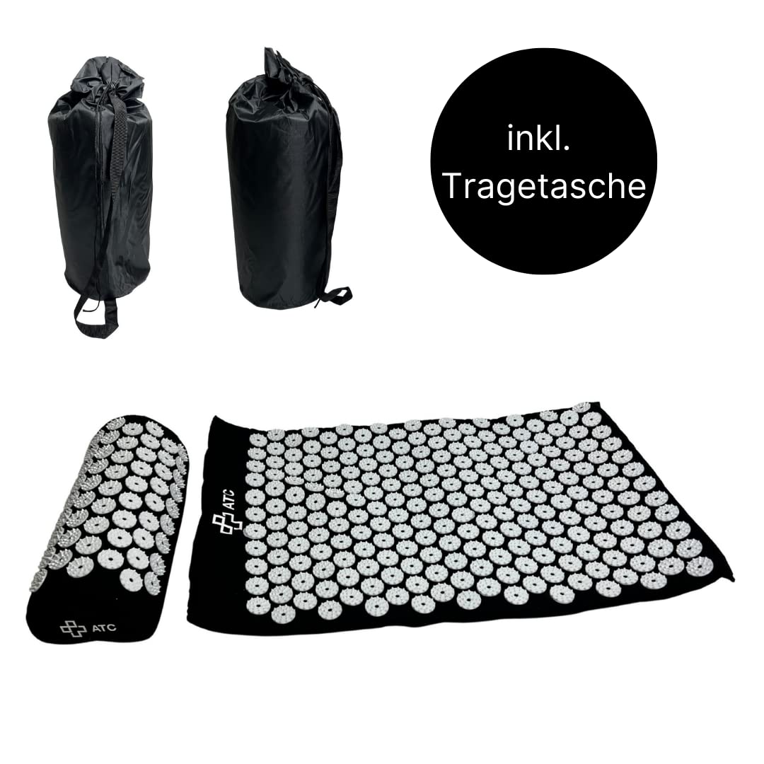 ATC Handels GmbH Esterilla de acupresión con cojín y bolsa, para relajar y mejorar la circulación sanguínea contra la tensión en la espalda, el cuello y los hombros, color negro