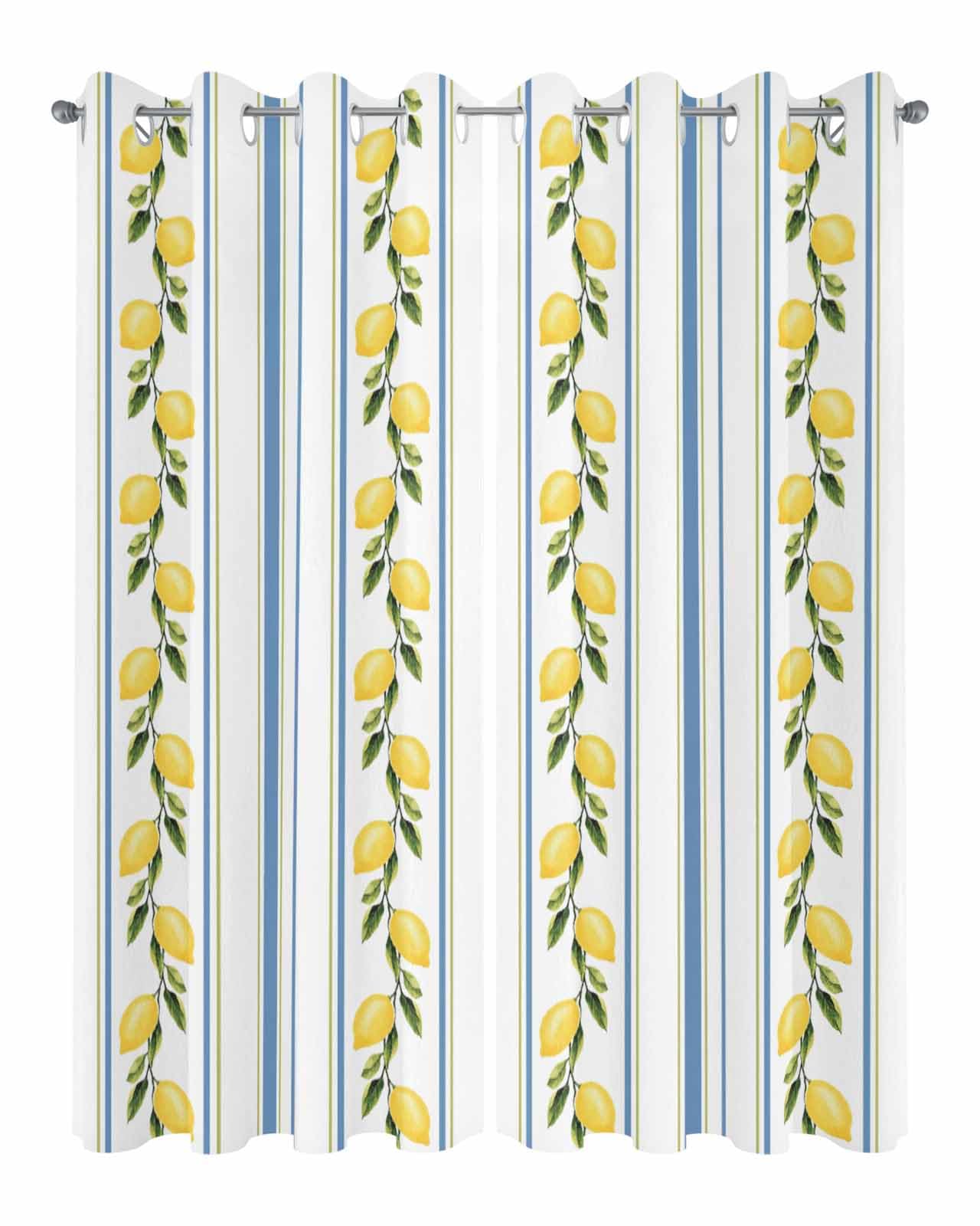 Waterproof Outdoor Curtains for Patio Porch, Farmhouse Yellow Lemon Striped Grommet Curtain Panel Windproof Outside Curtains Tieback, Watercolor Blue Green Line Weighted Window Treatment Drapes
