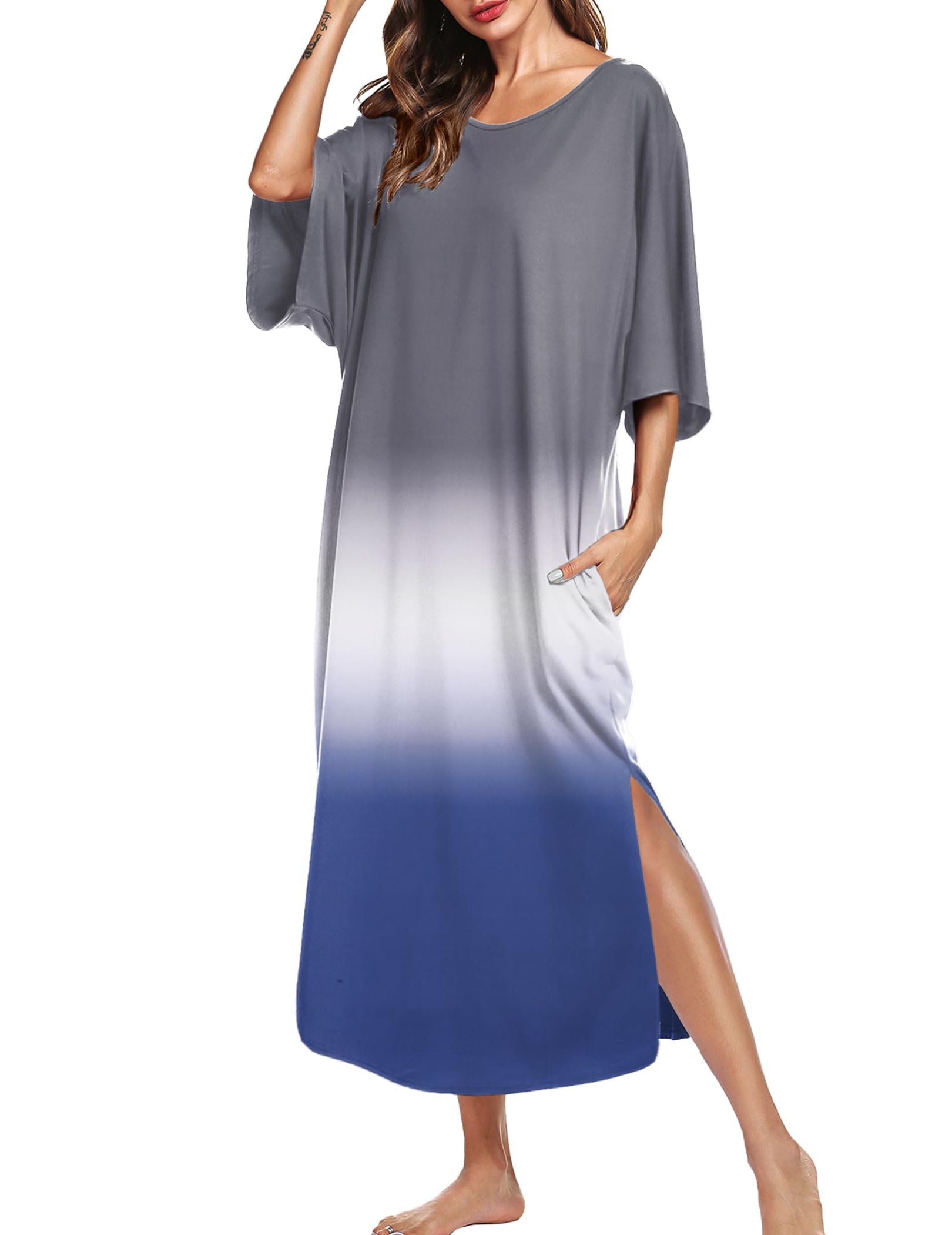 Ekouaer Long Nightgowns for Women Short Sleeve Night Gowns with Pockets | Casual Maxi Lounge Dress, Round Neck Sleep Dress, Plus Size House Dress, Side Split Sleepshirts for Lounging, Home, Party