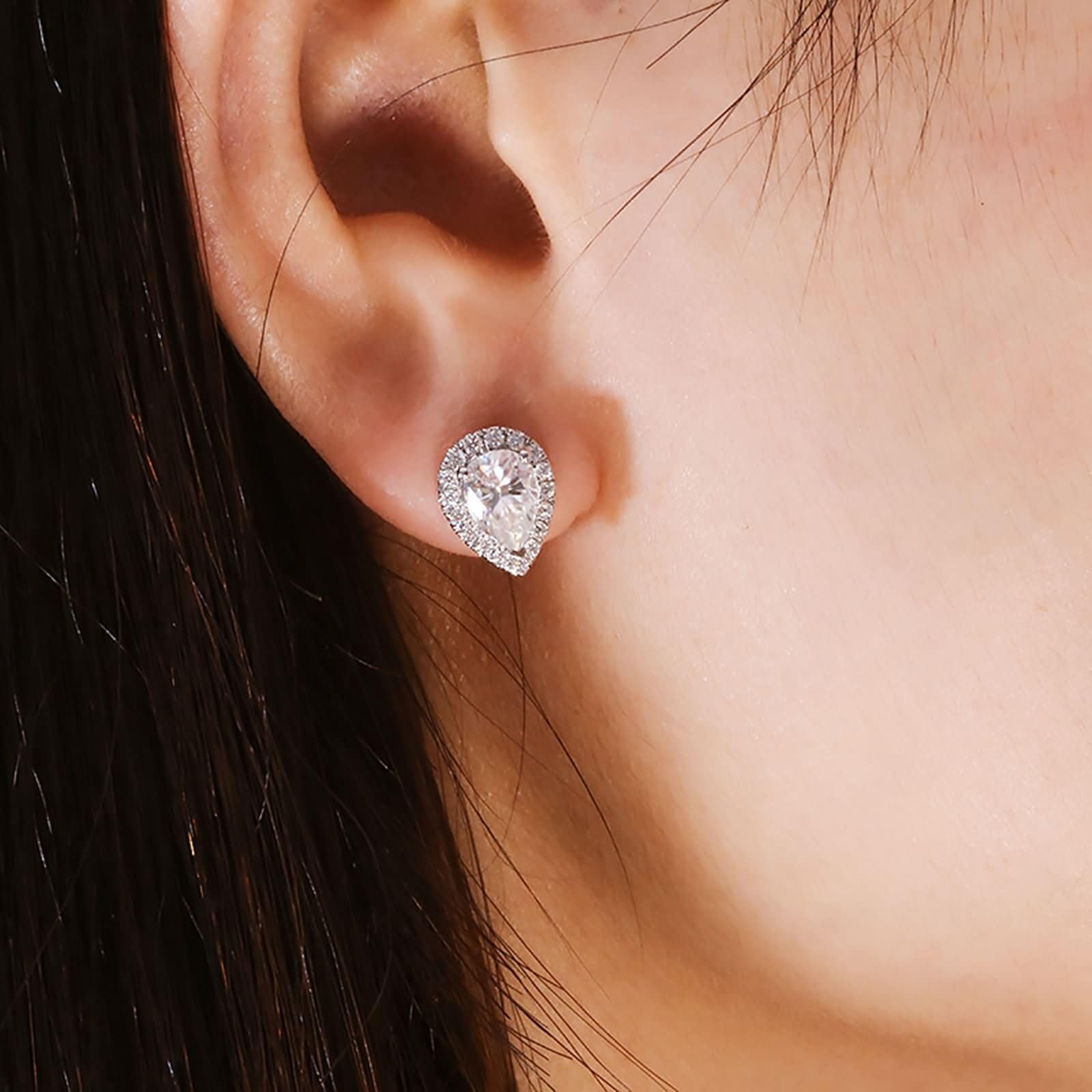 Pendientes Mujer de Oro Blanco 9K / 14K / 18K, Gota de Agua con Moissanita, Pendientes Boda Plata Mujer