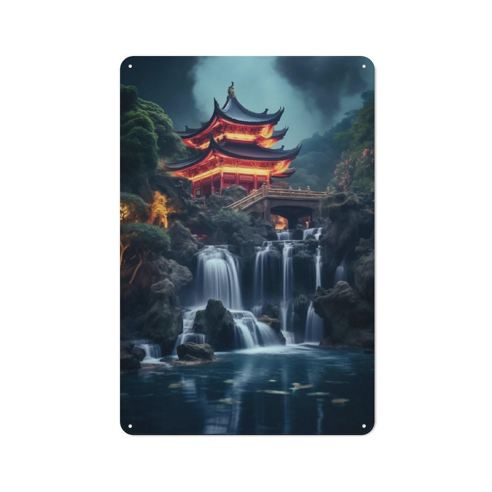 Junmoney Temple Waterfall In Japan 30X20cm Industrial-Style Tin Sign With For Hallway Wall, A Metal Wall Feature For A Newly Arranged Hallway