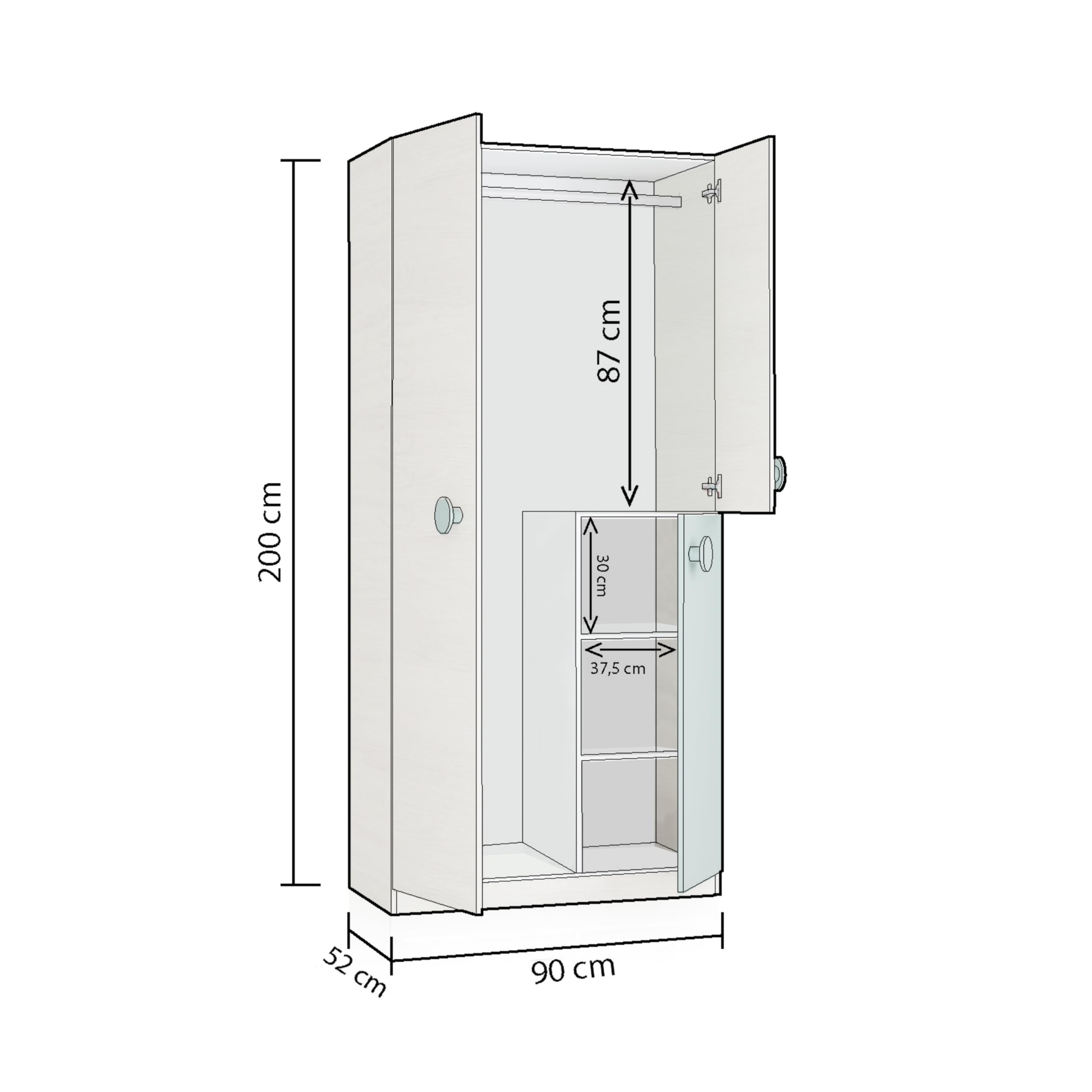 duehome | Armario Juvenil, Modelo Yuki, Acabado en Color Blanco Alpes y Verde Acqua, Medidas: 90 cm (Largo) x 200 cm (Alto) x 52 cm (Fondo)