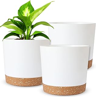 Whonline 8 Inch White Plant Pots, 3 Pack Large Plastic Flower Pots with Drainage Holes and Saucers, Modern Decorative Planters for Indoor Plants Flowers Succulents Outdoor