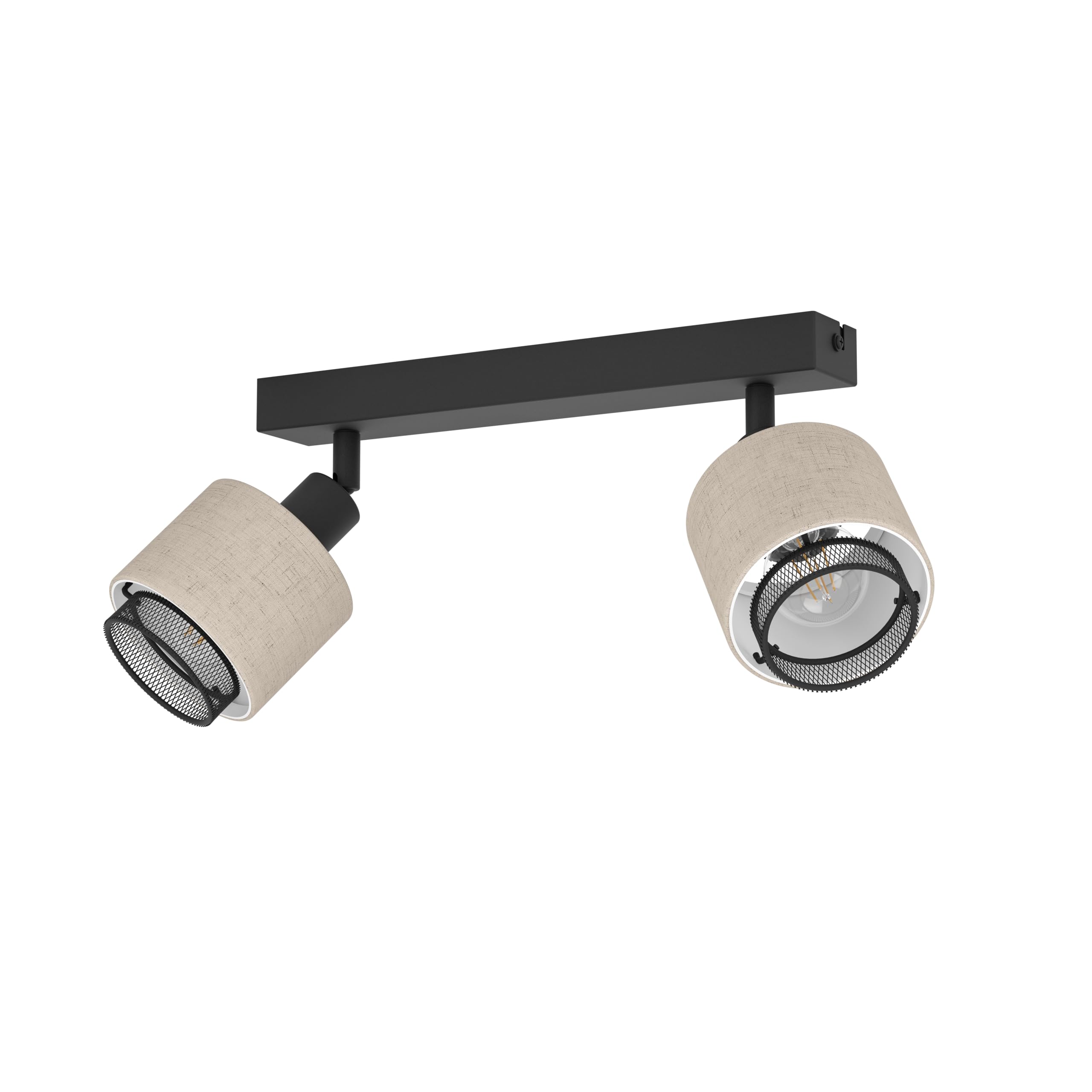 Eglo Ceiling Light Fitting Rosley, 2 Spots Ceiling lamp, Spotlight bar Made of Textile in Natural and Black Metal