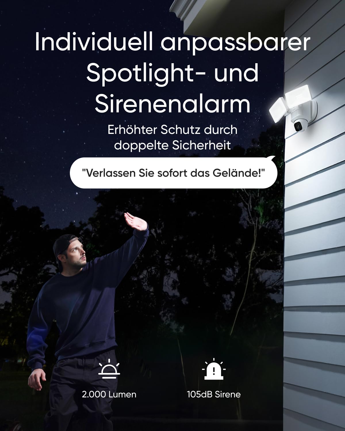 eufy Flutlichtkamera E30, Außen-Sicherheitskamera, 360° Schwenken & Neigen, KI-Erkennung & Verfolgung, 2K-Video, 2,4GHz WLAN, 2.000 Lumen, Sprach- & Lichtalarme, 24/7-Aufzeichnung, ohne ABO-Kosten
