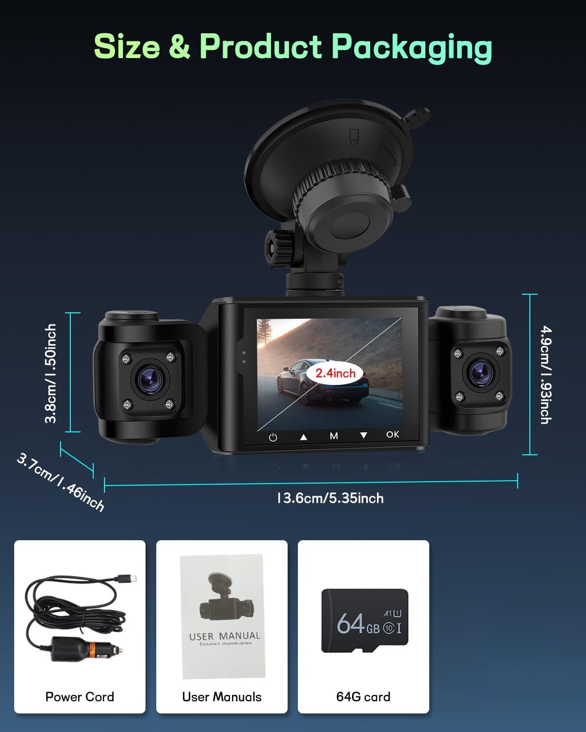 Caméra embarquée Avant et latérale NHOPEEW 1080P avec détection de Mouvement et Enregistrement en Boucle - Caméra embarquée HD 3 canaux avec Angle Large à 360° Installation Facile + Carte TF 64 Go