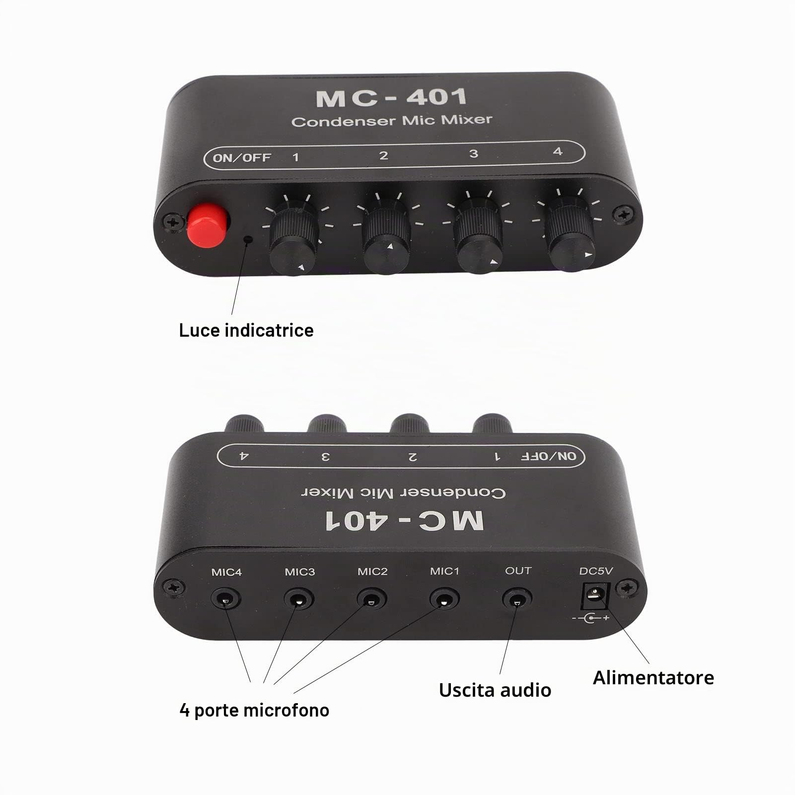 Mini Mixer Audio a 4 Canali, Mixer Stereo 4 in 1 con Ingresso da 3,5 Mm, Mixer Audio per Microfono DJ a Basso Rumore DC 5V per Amplificatore per Cuffie PC
