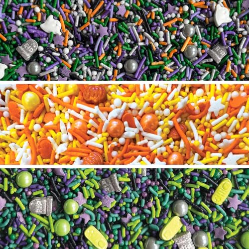 Image of Fancy Sprinkles Halloween Sprinkle Set 3 Pack (0.5c) | Hocus Pocus, Harvest Glow & Graveyard Shift | Ghost, Pumpkin & Tombstone Shaped Candy | Halloween Cake & Cookie Decorating