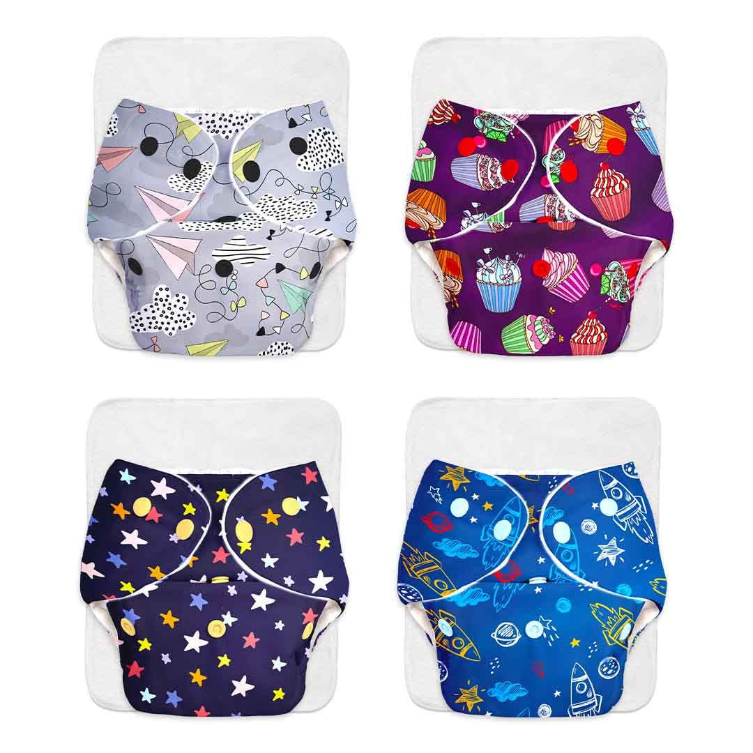 SuperBottoms BASIC Pack of 4 Freesize Adjustable, Washable and Reusable Cloth Diaper for babies 0-3 Years | One Size Adjustable Diapers (Pack of 4 diapers+ 4 inserts) Assorted prints (B0BC24V3SR) Amazon Price History, Amazon Price Tracker