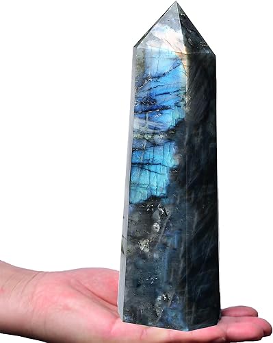 Torres grandes de cristal de labradorita con punta de 6 facetas, piedra de cristal curativo en forma de obelisco para meditación, regalo de 2.2 a