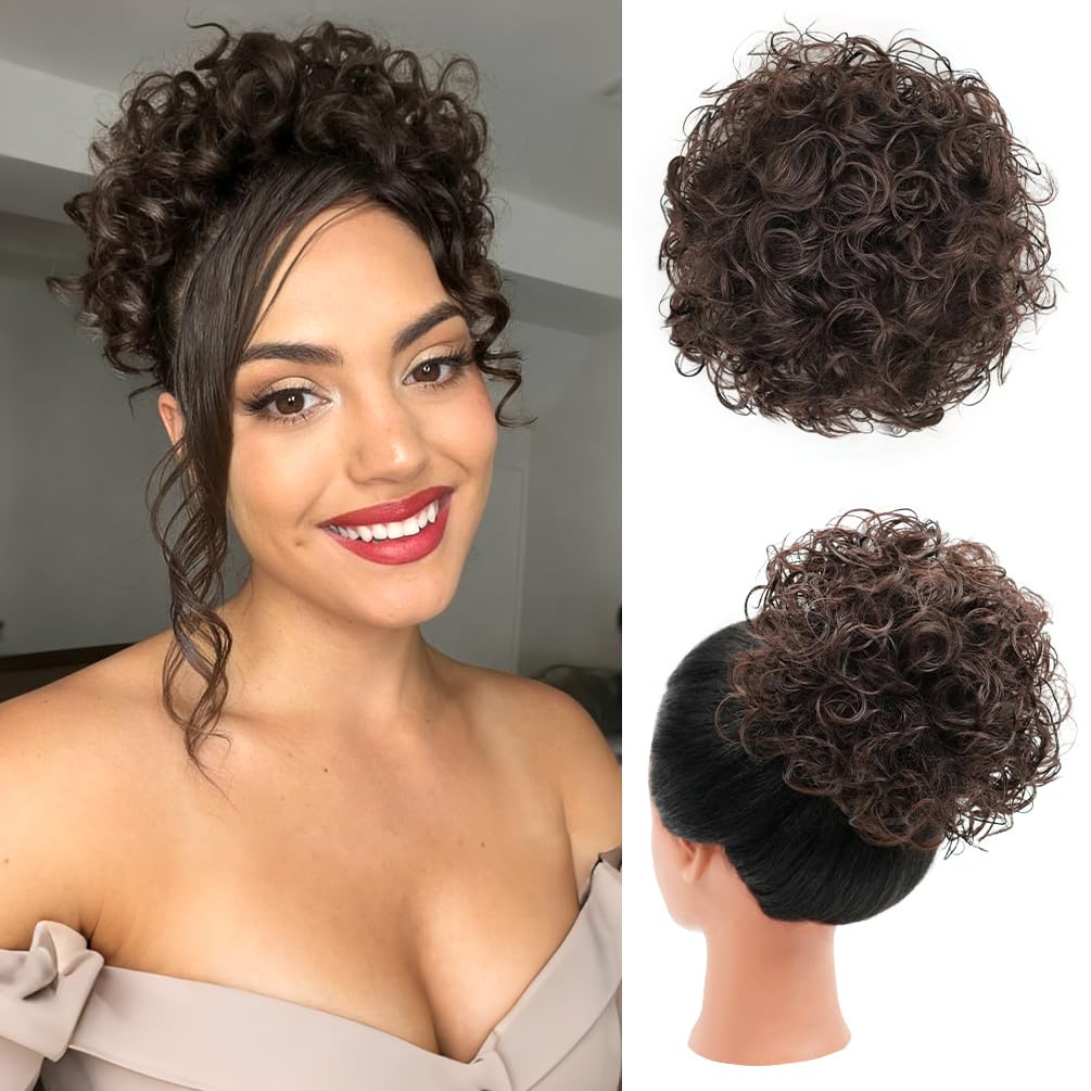 Curly Messy Bun Hair Pieces for Women Short Synthetic Loose Wave Drawstring Buns Updo Hair Piece Dark Brown