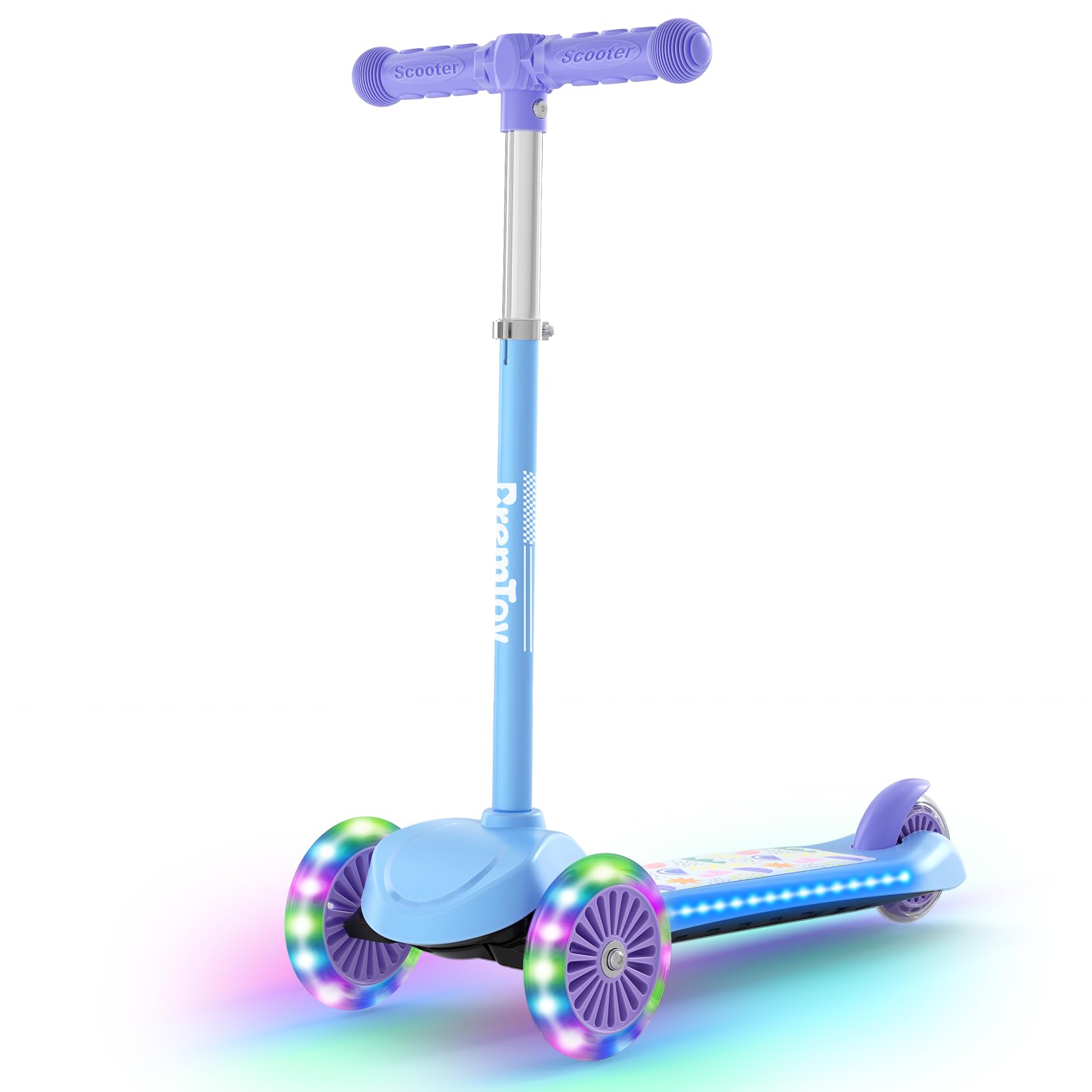 BremToy Roller Kinder 3 Jahre, Kinder Roller mit Leuchtendem Deck und PU-Beleuchtete-Rädern, 4-Stufig Höhenverstellbarer, Reaktionsschnelles Bremsen, leicht, Kinderroller für von 3–8 Jahren