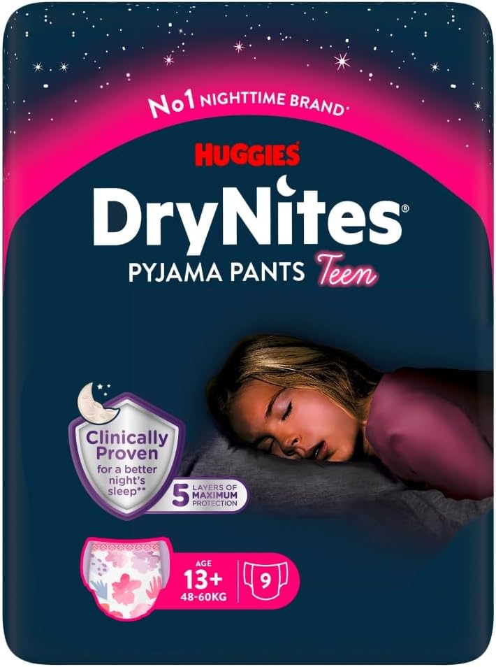 Drynites Huggies Girl's Nappies, Size XL (48-60 kg), 9 Absorbent Panties, 13-19 Years