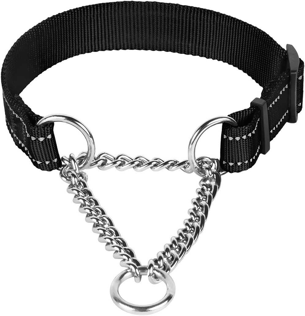 CollarDirect Martingale Dog Collar Training Adjustable Stainless Steel Chain Reflective Nylon Pet Collars for Medium Large Dogs (L, Neck Fit 16"-24", Black)