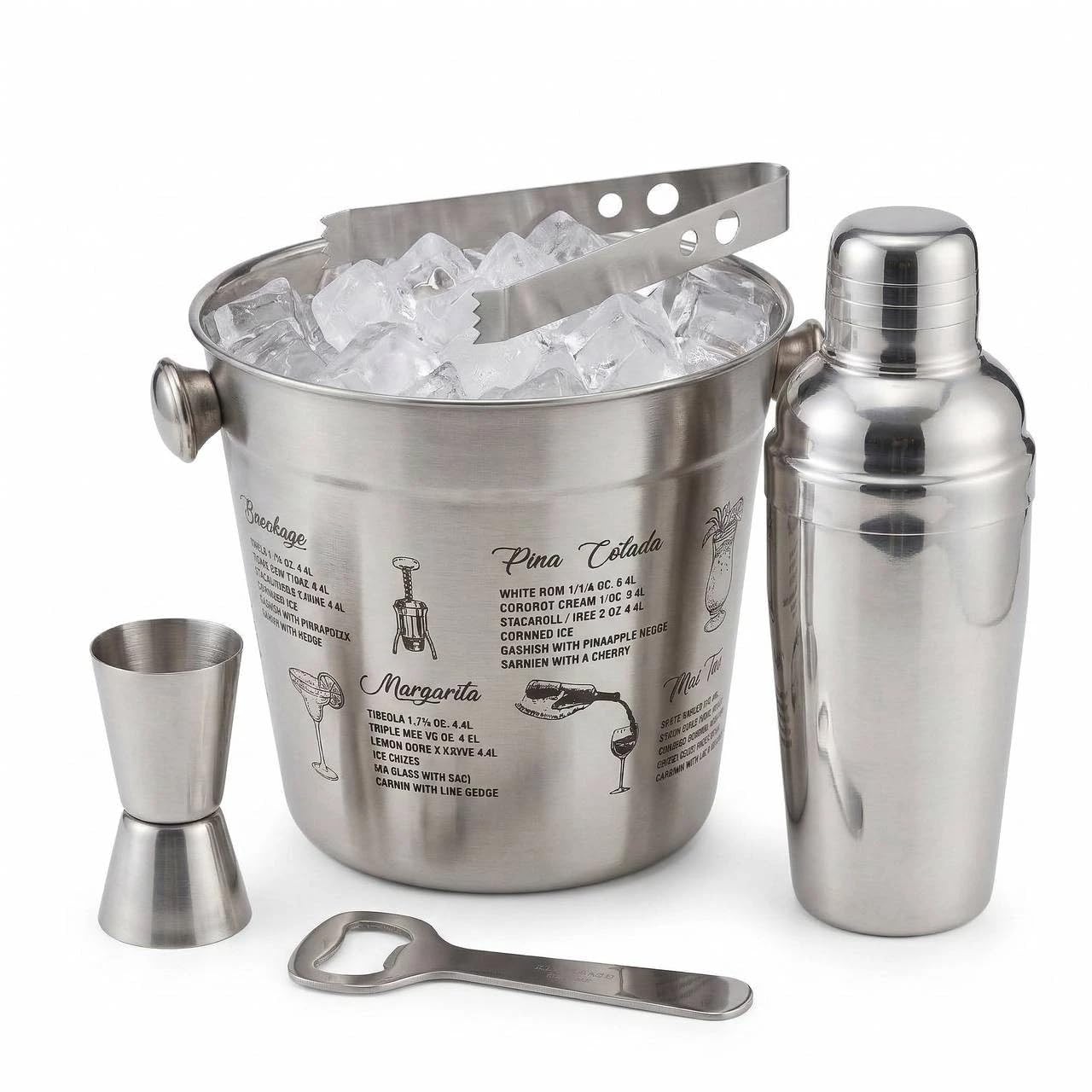 URBNLIVING 5-Piece Stainless Steel Cocktail Set – Ice Bucket, Shaker, Double Jigger, Tongs & Bottle Opener – Complete Home Bar Mixology Kit for Parties and Entertaining