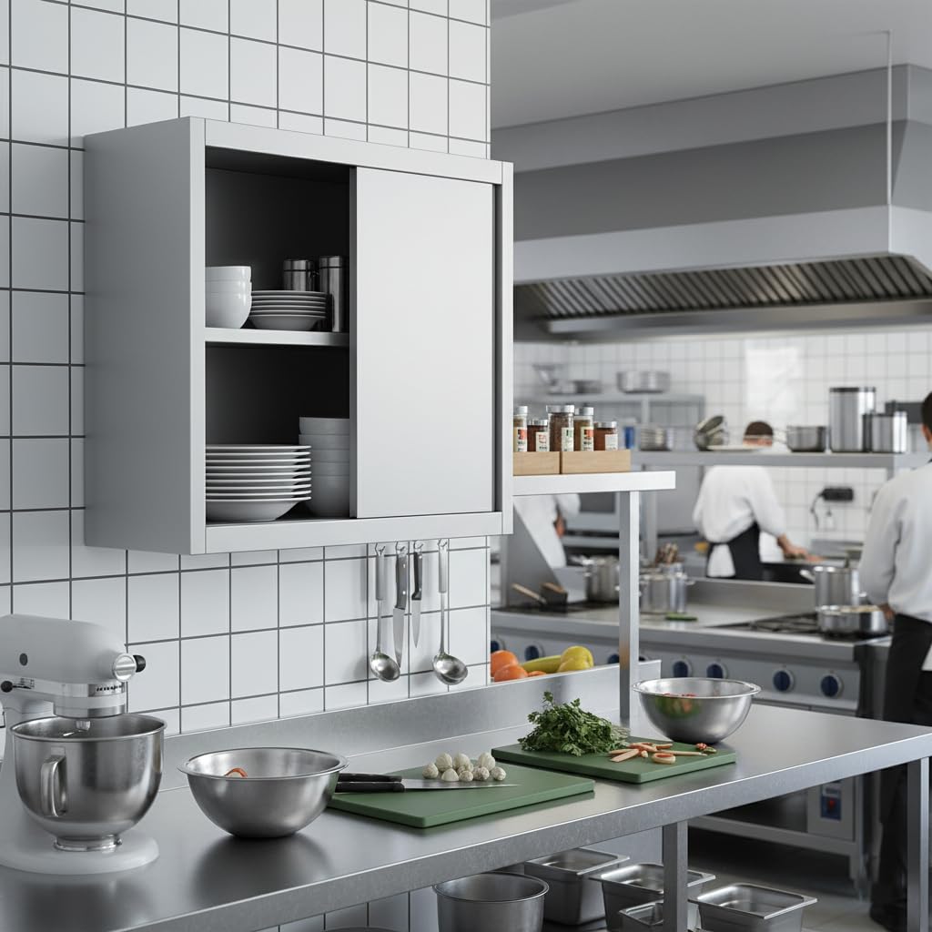 Générique Armadietto da parete in acciaio inox professionale – 600 x 400 x 600 mm – ante scorrevoli – struttura smontabile – finitura liscia facile da pulire