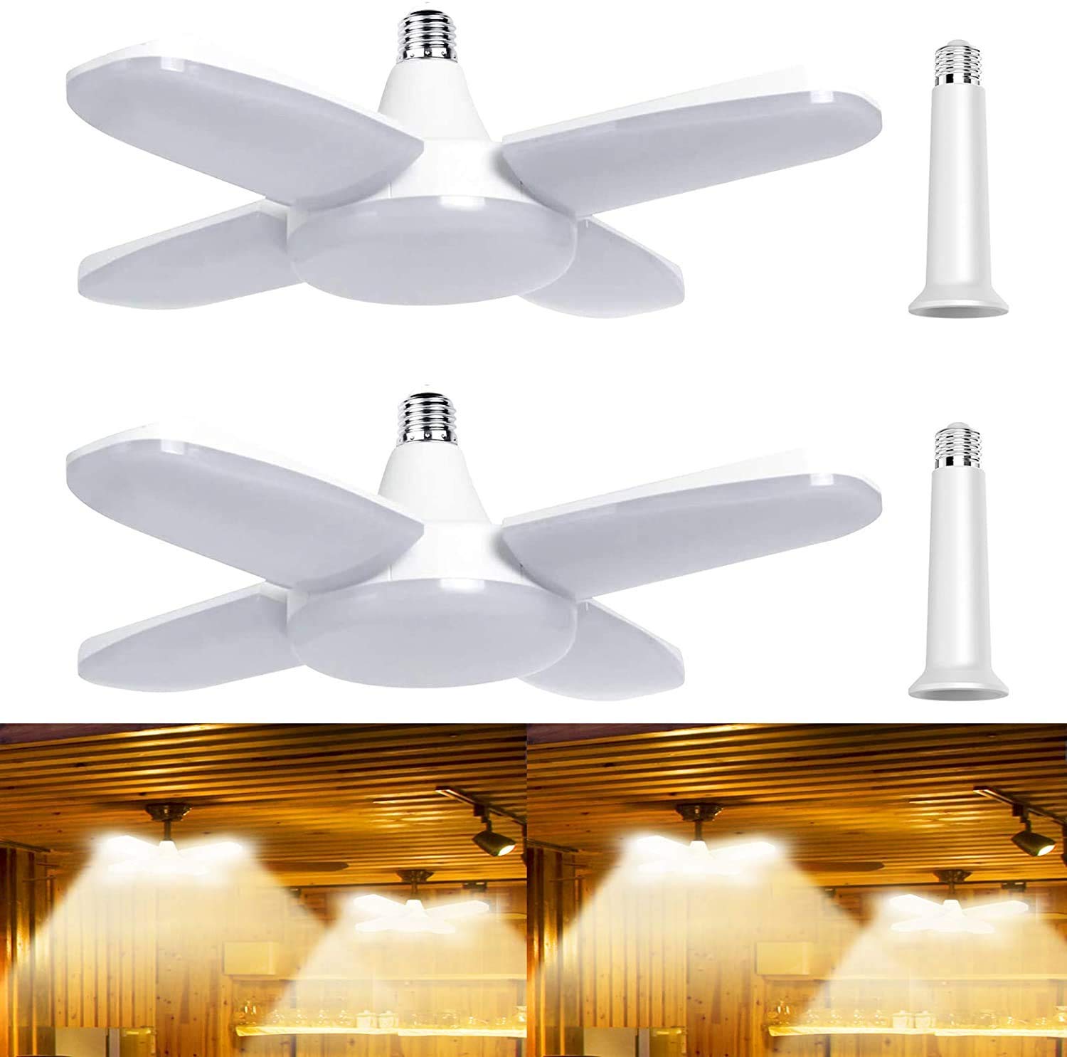 CREATESTAR LED Garage Lights, Exulight 60W Deformable Ceiling Light 6000LM Daylight, E26/E27 Shop Lights for Barn Warehouse Workshop Lighting (2PCS Warm)