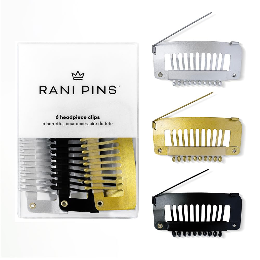 Rani PinsPremium 6 Large Heavy Duty Dupatta Clips, Chunni Clips with Safety Pin - Black, Gold, and Silver - Securely Attach Dupatta, Chunni, Hijab, Veils, Wigs & More to Hair Quickly & Easily