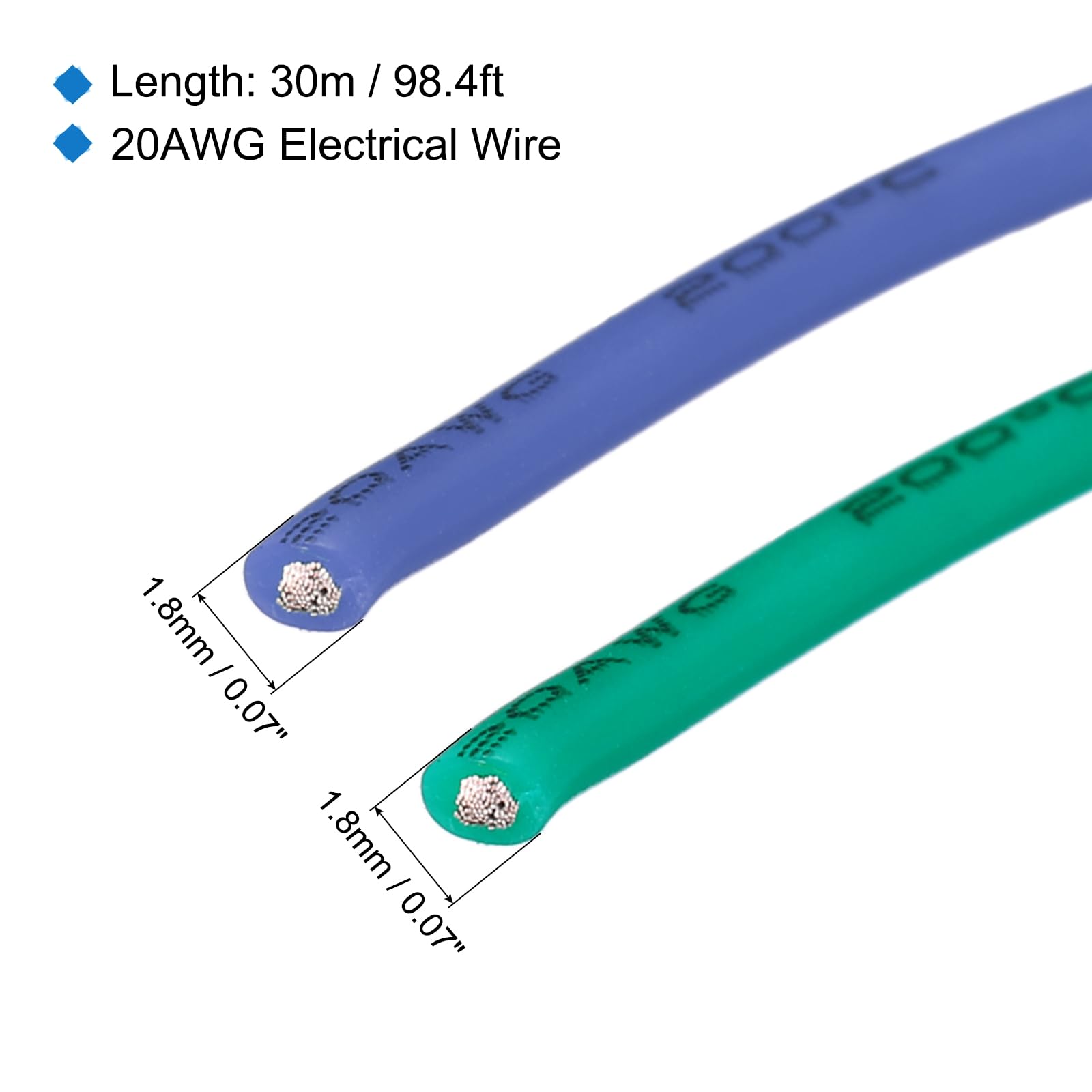 sourcing map 20 Jauge Silicone Fil 20AWG Électrique Fil Toronné Fil Souple Etamé Cuivre Fil Haut Temp Raccordement Bobine Bleu et Vert 30m/98.4ft pour Voiture Modèle Électroménagers 2pcs