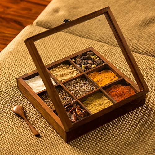 ExclusiveLane Sheesham Wooden Table Top Masala Dabba Containers Jars Cum Kitchen Spice Box with Spoon (Brown)